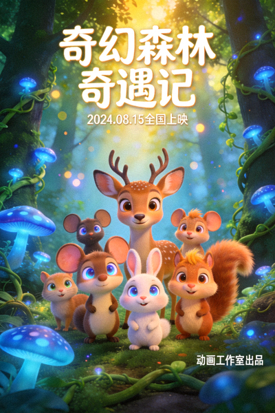 动画电影海报 - 奇幻森林与可爱动物角色